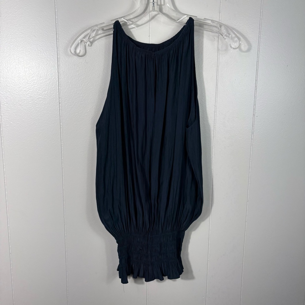 Ramy Brook NY Navy Blue Satin Ruched Bottom Sleeveless Blouse Small S Business - Picture 6 of 6
